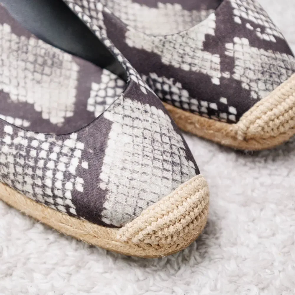 Tory Burch Heather Black Snakeprint Ankle Wrap Satin Wedges Espadrilles Womens 7